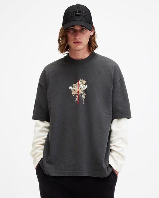 AllSaints Gray Eternal Oversized Embroidered Logo T-Shirt for men