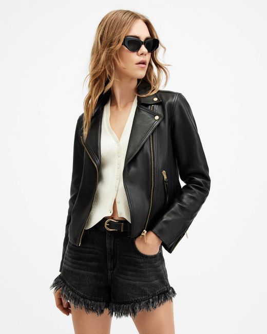 AllSaints Gray Dalby Slim Fit Leather Biker Jacket