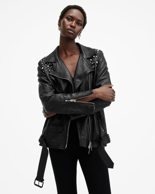 AllSaints Black Billie Embellished Leather Biker Jacket