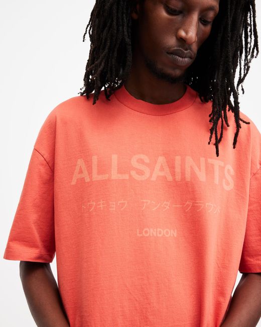 AllSaints Orange Laser Crew Neck Logo Oversized T-shirt for men