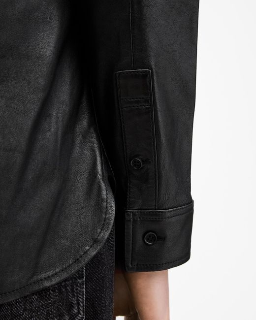 AllSaints Black Compass Relaxed Fit Leather Shirt for men