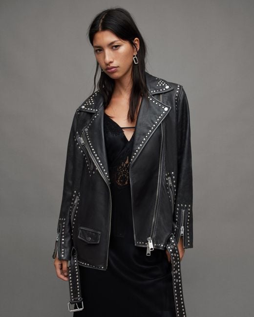 AllSaints Gray Billie Leather Rocker Studded Biker Jacket