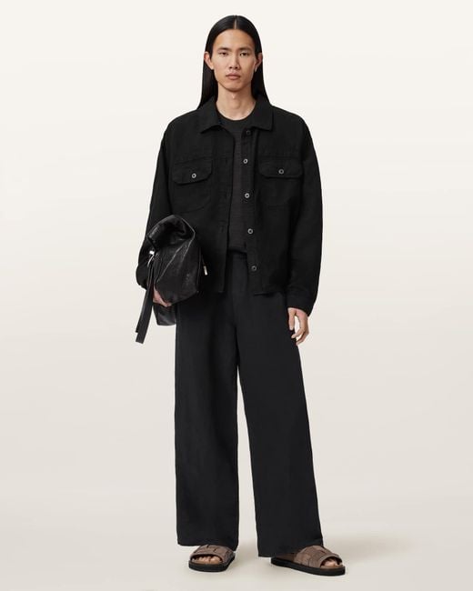 AllSaints Black Korten Loose Fit Linen Blend Pants for men
