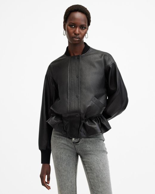 AllSaints Black Sofi Drawstring Leather Bomber Jacket