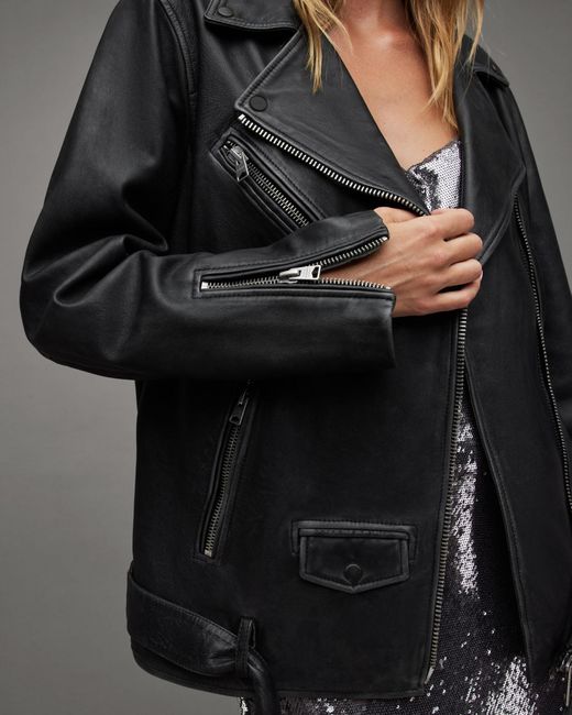 AllSaints Black Billie Oversized Leather Biker Jacket