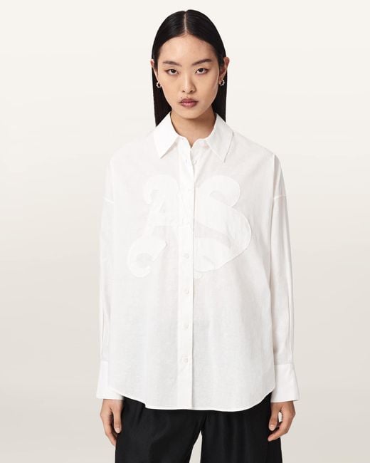 AllSaints White Sparrow Linen Blend Embroidered Shirt