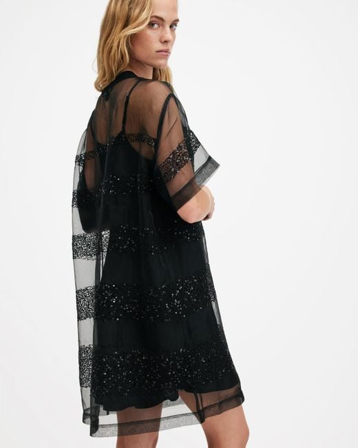 AllSaints Black Izabela Embellished Mesh Mini Dress
