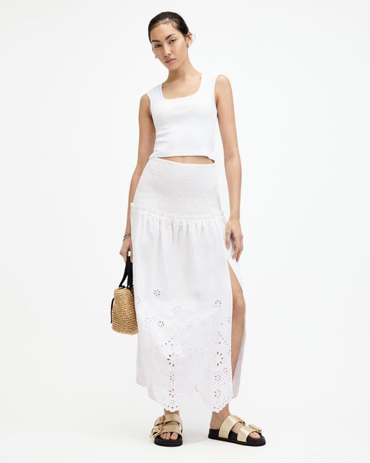 AllSaints White Alex Embroidered Broderie Midi Skirt