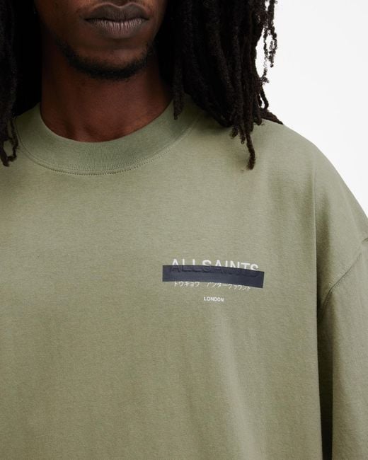 AllSaints Green Redact Oversized Embroidered Logo T-shirt, for men
