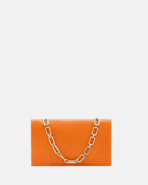 AllSaints Orange Akira Leather Removable Chain Clutch Bag
