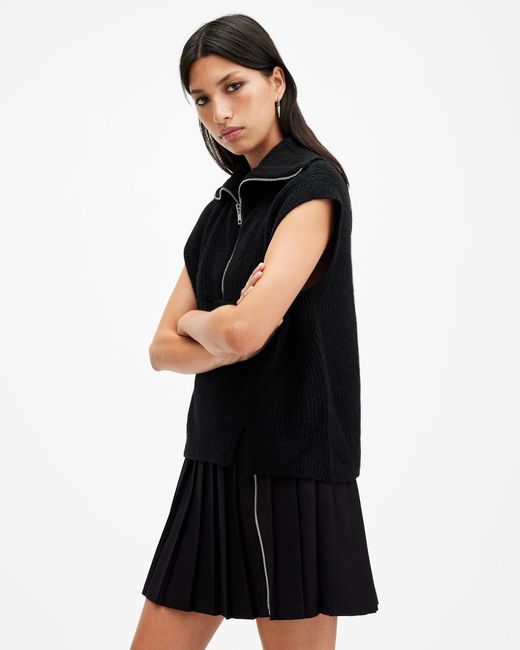 AllSaints Black Octavia Zip Up Ribbed Knitted Tank Top