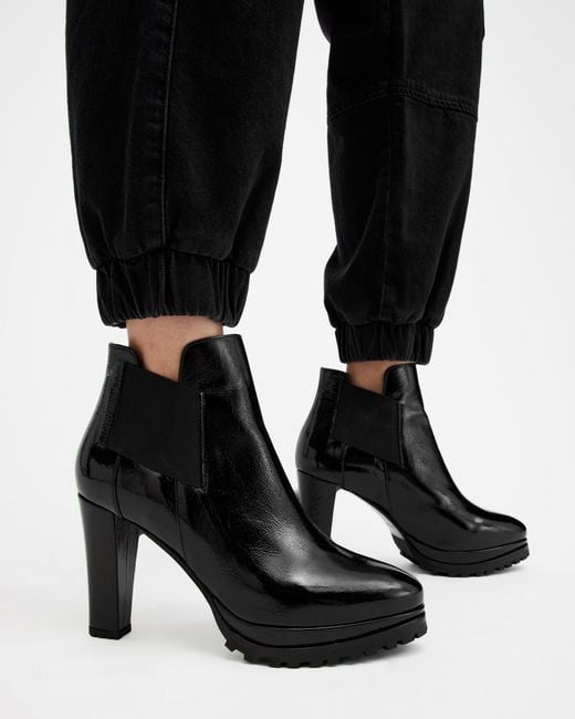AllSaints Black Sarris Block-heel Patent-leather Ankle Boots