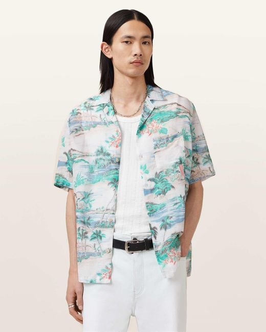 AllSaints Blue Biarritz Short Sleeve Printed Shirt for men