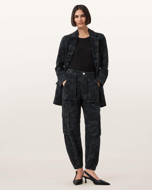 AllSaints Black Cotton Freda Camouflage Denim Cargo Trousers, /Us 2
