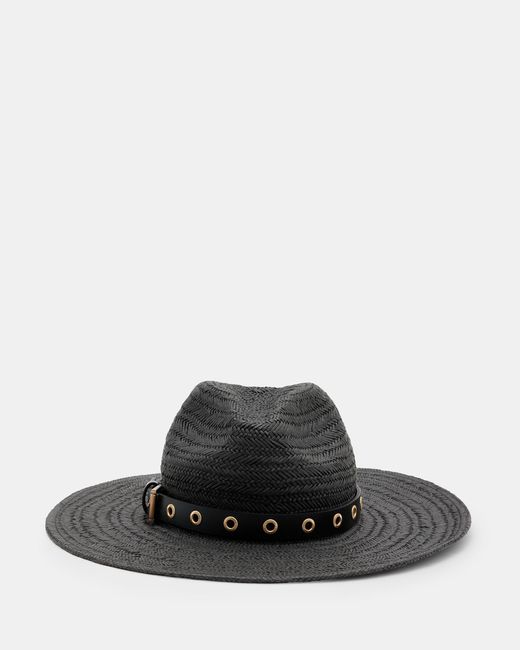 AllSaints Black Delilah Straw Fedora Eyelet Hat,
