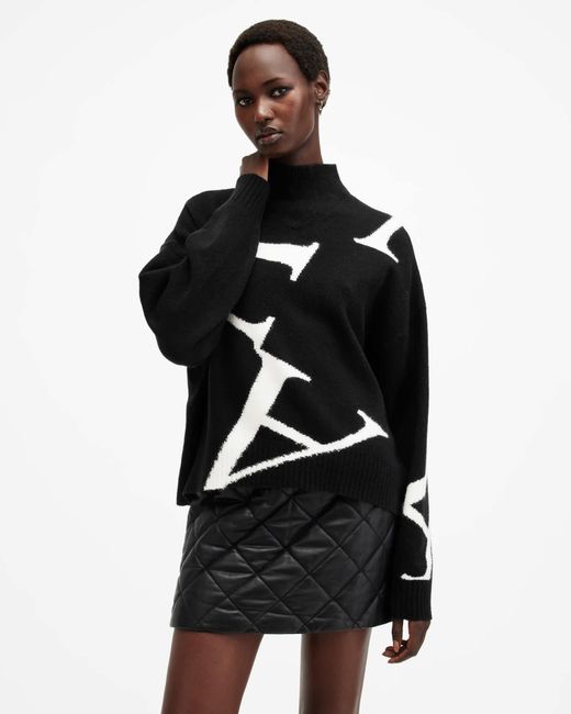 AllSaints Black Signature Jacquard Roll-Neck Jumper