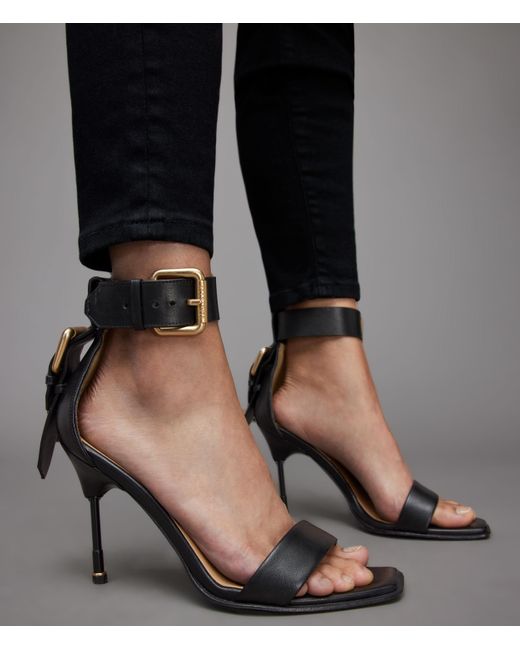 AllSaints Black Noir Leather High Metal Heel Sandals