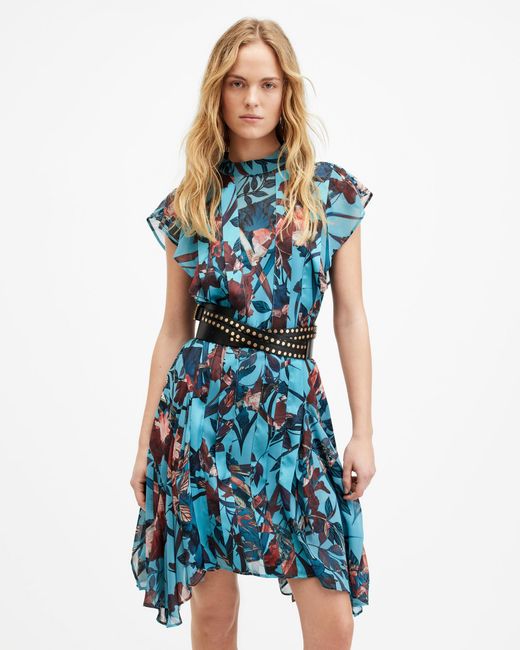 AllSaints Blue Fleur Asymmetric Hem Mini Dress,