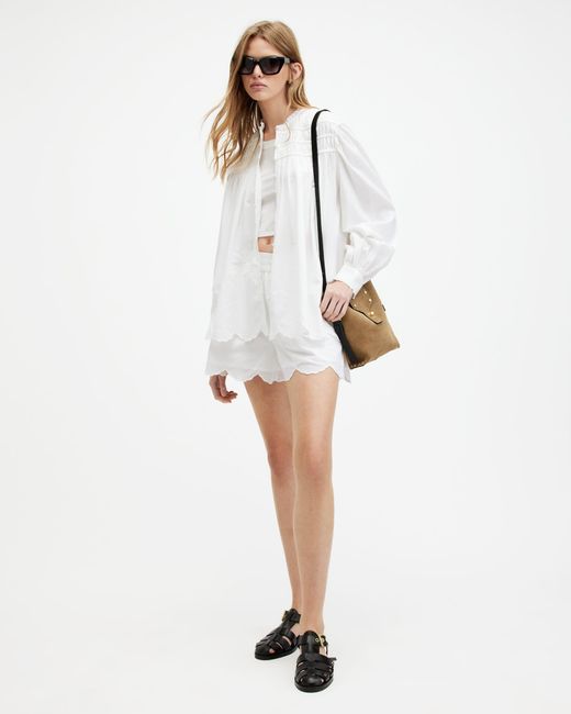AllSaints White Etti Relaxed Fit Scallop Edge Shorts,