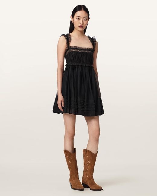 AllSaints Natural Angela Gathered Frill Mini Dress