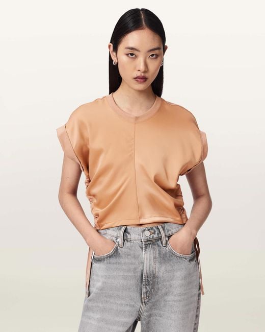 AllSaints Gray Mira Cropped Satin Drawcord T-Shirt