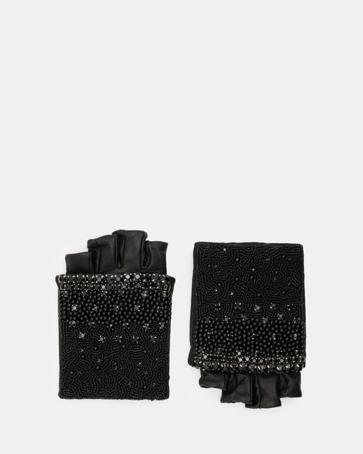 AllSaints Black Charly Leather Fingerless Gloves,, /Antq Nickel