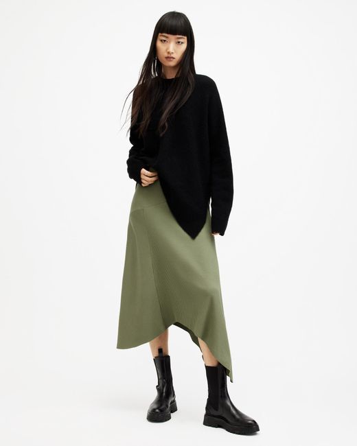 AllSaints Green Gia Ribbed Asymmetric Midi Skirt