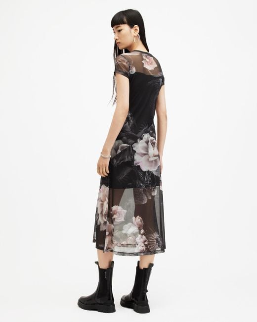 AllSaints Black Hanna Valley Printed Mesh Midi Dress