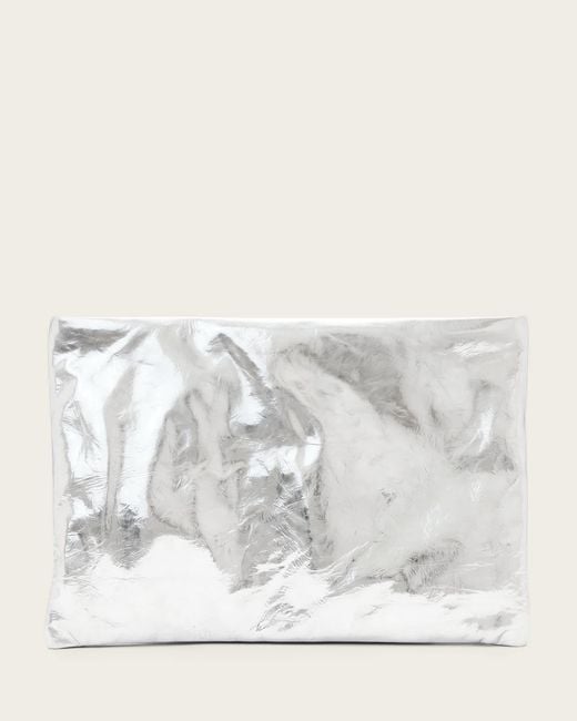 AllSaints White Bettina Oversized Metallic Leather Clutch Bag