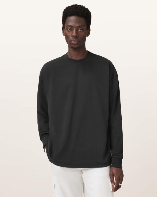 AllSaints Black Finn Long Sleeve Crew Neck Oversized T-shirt for men