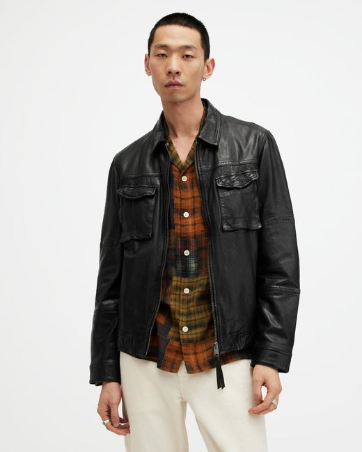 AllSaints Black Whilby Zip Up Lightweight Leather Jacket for men