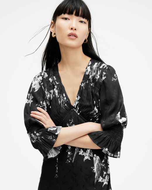 AllSaints Black Hannah Iona Floral-print Woven Midi Dress