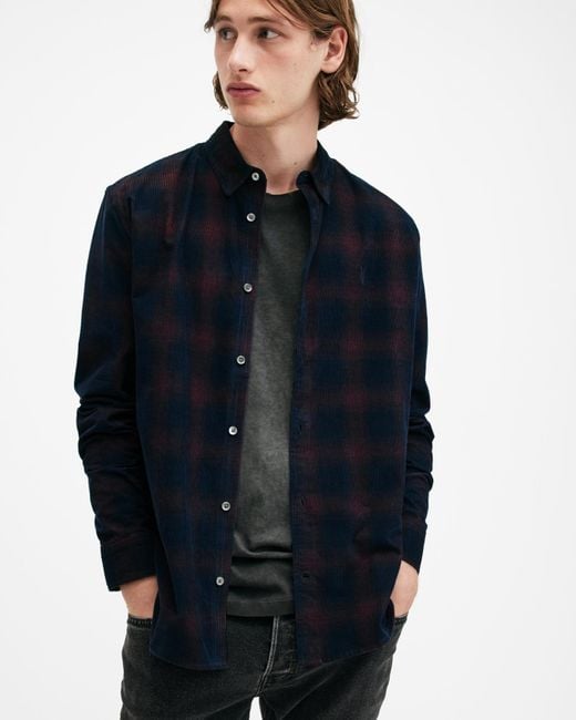 AllSaints Blue Daybreaker Corduroy Checked Shirt for men