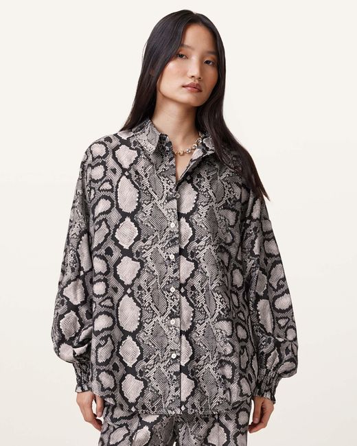 AllSaints Brown Charli Snake Print Long Sleeve Shirt, Flow Ecru