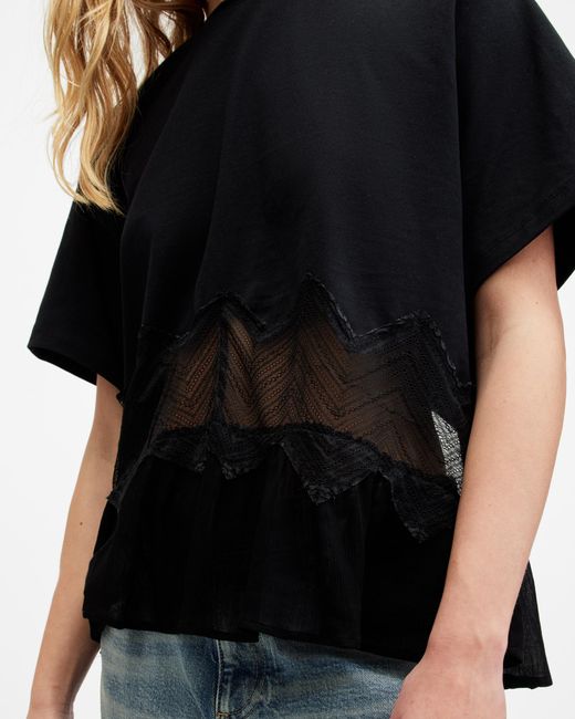 AllSaints Black Gracie Lace Panelled Oversized T-shirt,