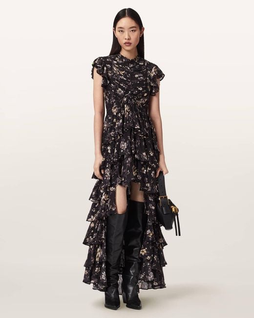 AllSaints White Shaela Floral Frill Maxi Dress