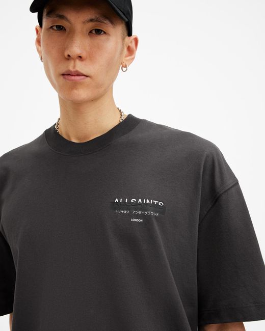 AllSaints Black Redact Oversized Embroidered Logo T-Shirt for men