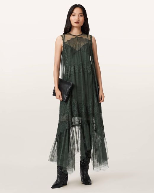 AllSaints Green Clara Mesh Midi Dress