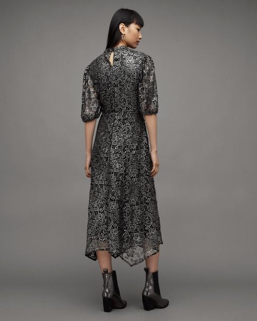 camila broderie asymmetric hem dress AllSaints Broderie-anglaise Midi in Grey Band size:85 shoulder style 1st Fall Birthday Celebration Dress