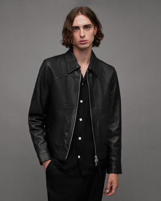 AllSaints Gray Jun Boxy Cropped Leather Jacket for men