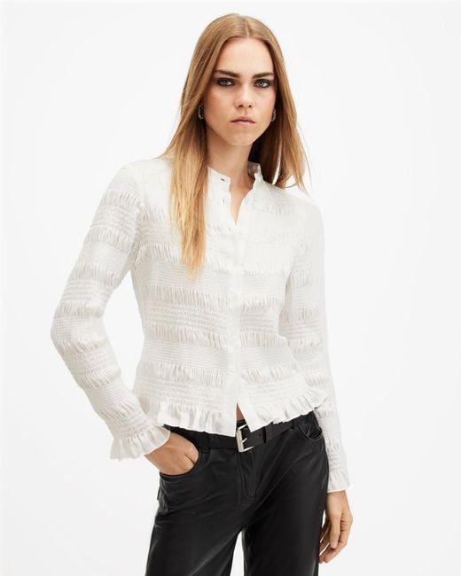 AllSaints White Meg Mandarin Collar Relaxed Fit Shirt