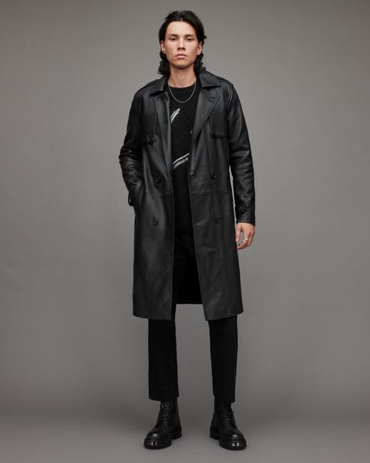 AllSaints Black Oken Leather Trench Coat for men