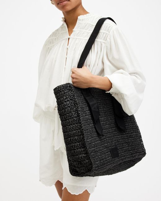 AllSaints Black Lullah Spacious Straw Tote Bag,