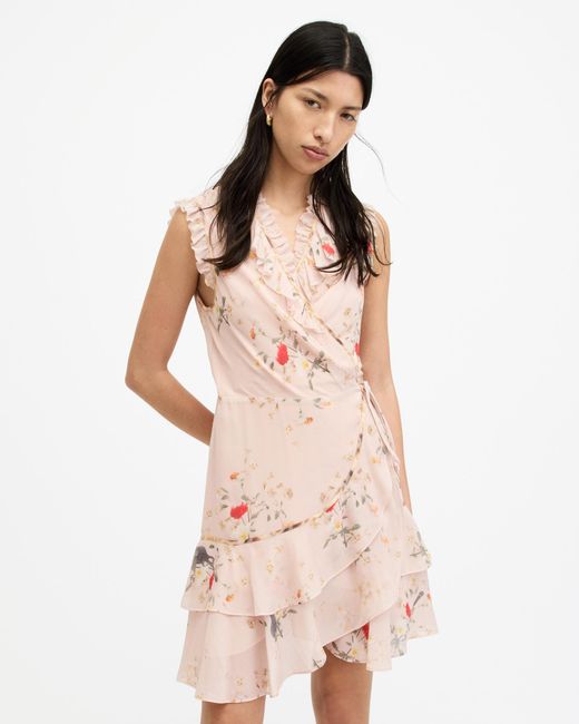 AllSaints Natural Ari Kora Floral Print Ruffle Mini Dress,