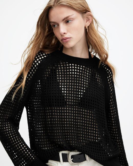 AllSaints Black Paloma Crew Neck Mesh Jumper,