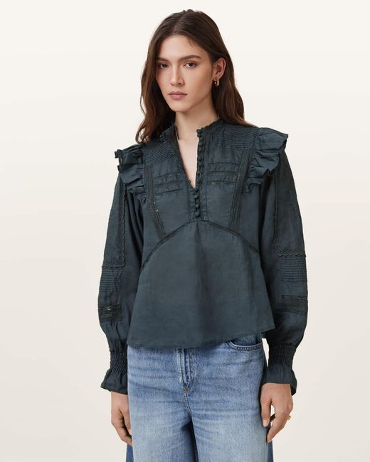 AllSaints Blue Heather Lace Trim Top