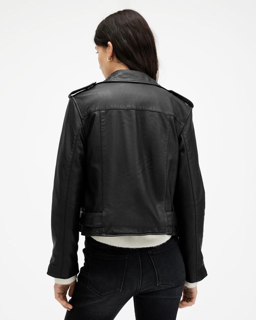 AllSaints Black Balfern Heart Stud Leather Biker Jacket