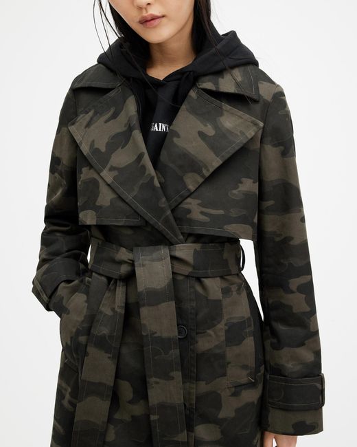AllSaints Black Mixie Camouflage Relaxed Fit Trench Coat