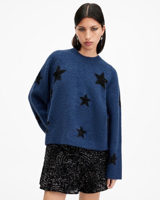 AllSaints Blue Brushed Star Jacquard Crew-Neck Jumper