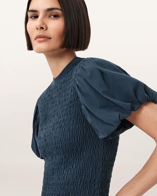 AllSaints Blue Dael Smocked Slim Top